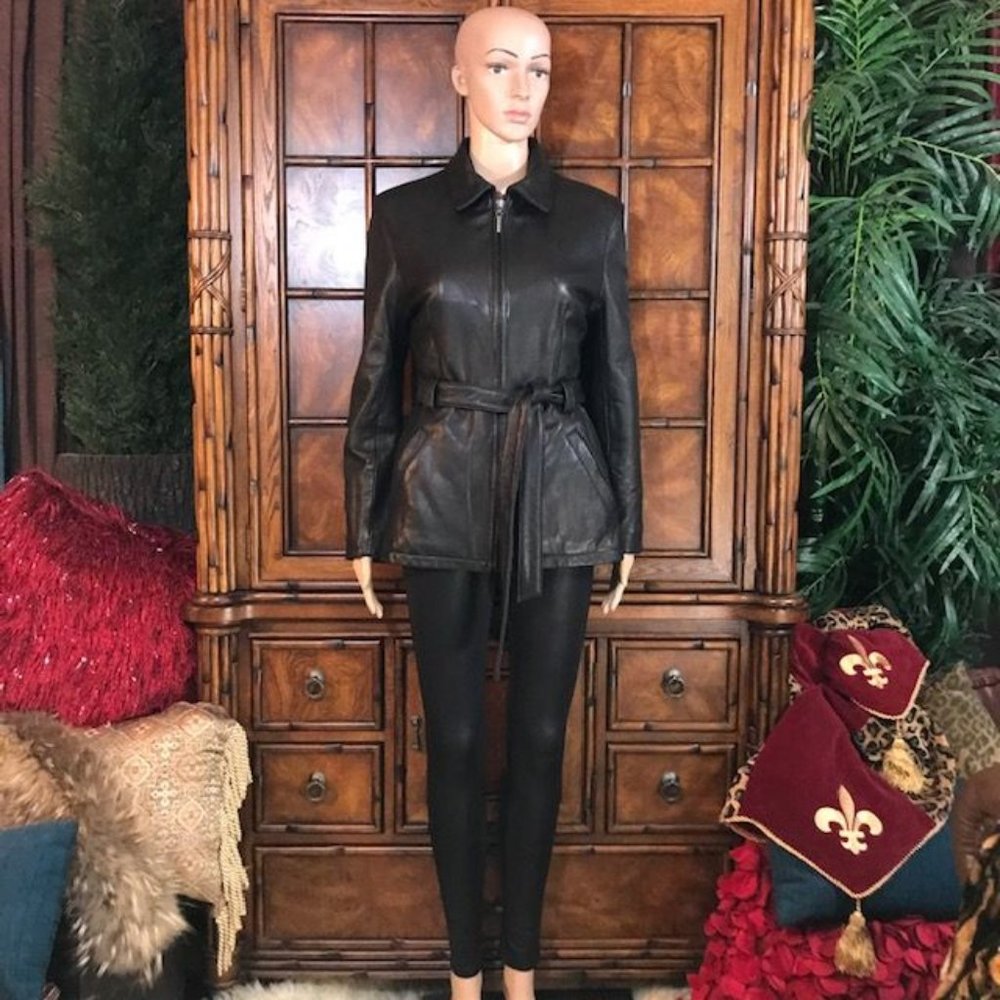 Kasper Genuine Leather Belted Removable Faux Fur Collar Coat - Picture 6 of 16